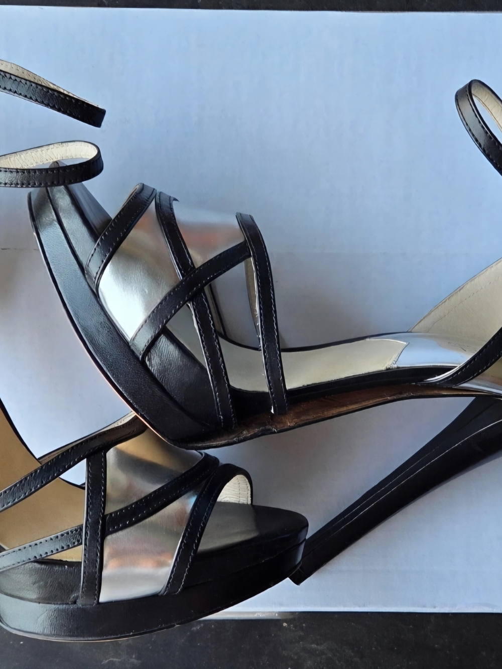 Michael Kors Black Strappy Platform Heeled Sandals with Silver Footbed
